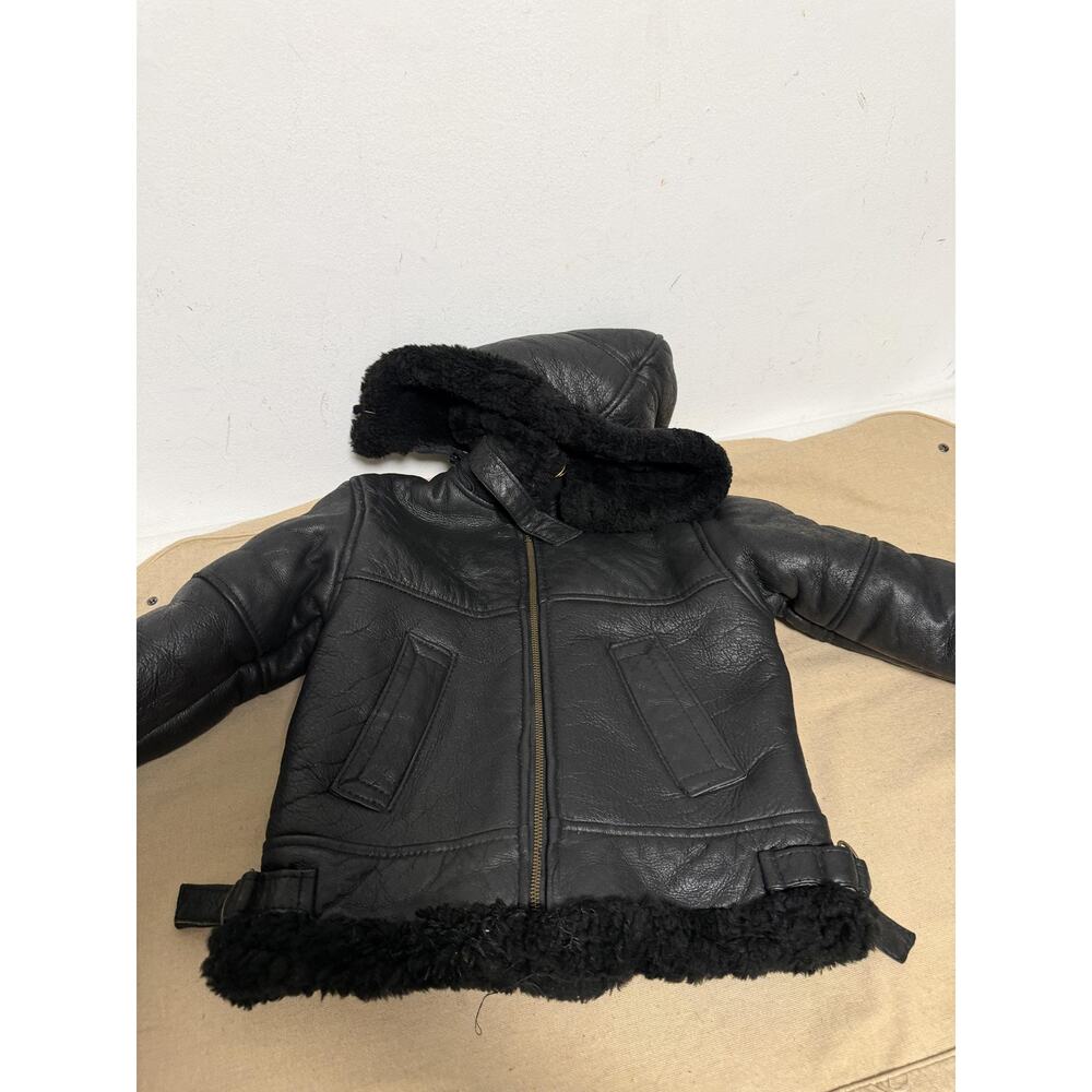 Shearling Jacket Kids Large Black Hooded Bomber Genuine Shearling Made USA
